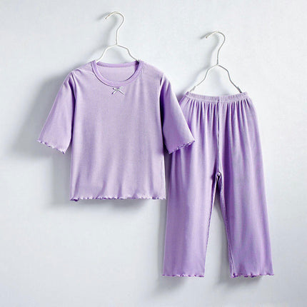 Girls Imitation Ice Silk Suit-Small and Medium Children's Solid Color 2-piece Air Conditioning Suit Summer