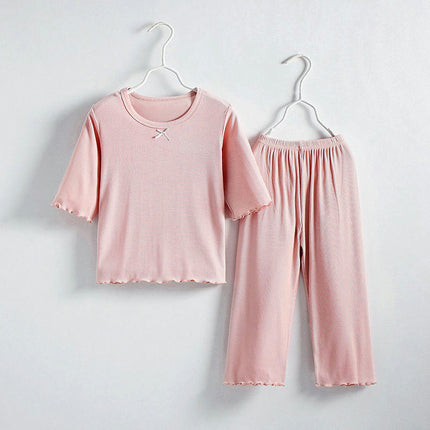 Girls Imitation Ice Silk Suit-Small and Medium Children's Solid Color 2-piece Air Conditioning Suit Summer