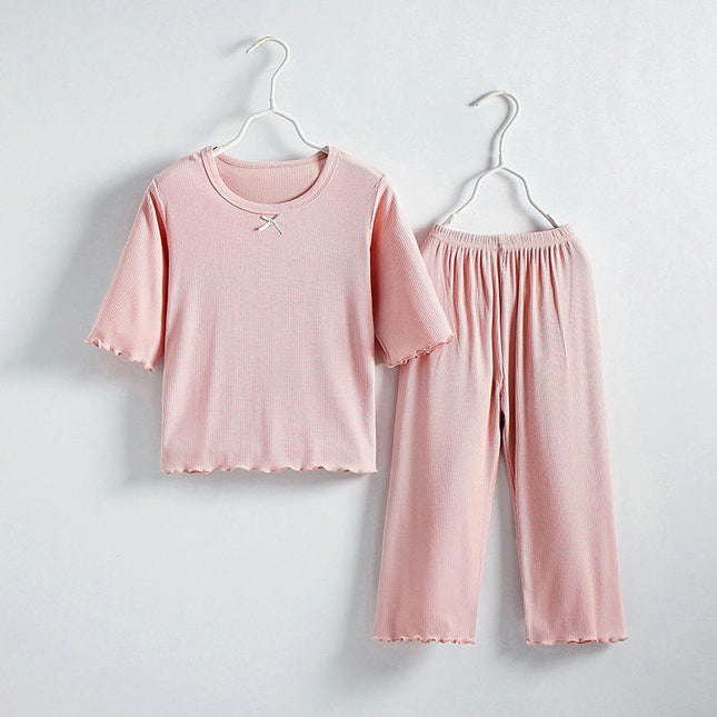 Girls Imitation Ice Silk Suit-Small and Medium Children's Solid Color 2-piece Air Conditioning Suit Summer