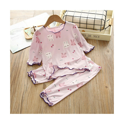 Girls' Short-Sleeved Pajamas Set - 2-Piece Imitation Silk Air-Conditioning Suit