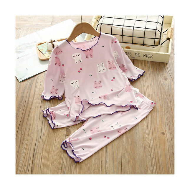 Girls' Short-Sleeved Pajamas Set - 2-Piece Imitation Silk Air-Conditioning Suit