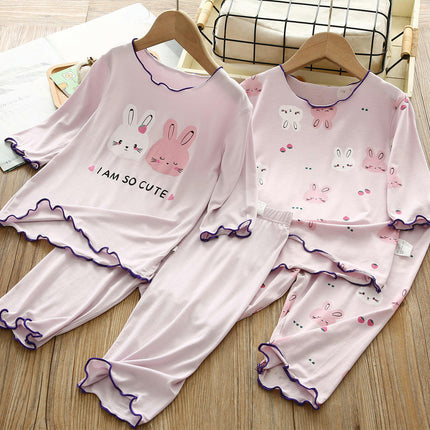 Girls' Short-Sleeved Pajamas Set - 2-Piece Imitation Silk Air-Conditioning Suit
