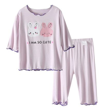 Girls' Short-Sleeved Pajamas Set - 2-Piece Imitation Silk Air-Conditioning Suit