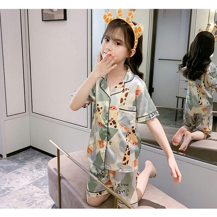 Girls Womens Pajamas, Imitation Silky Pjs Set Kids 2Pcs Button-Down Nightwear