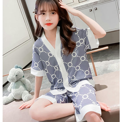 Girls Womens Pajamas, Imitation Silky Pjs Set Kids 2Pcs Button-Down Nightwear