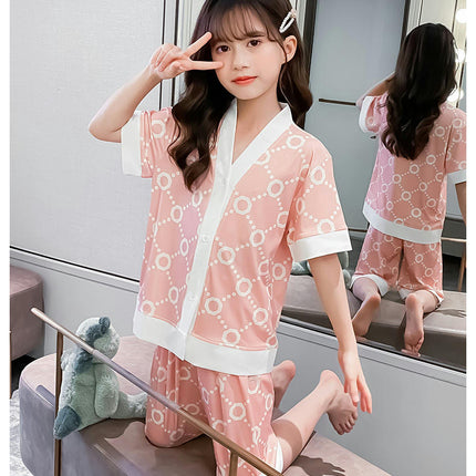 Girls Womens Pajamas, Imitation Silky Pjs Set Kids 2Pcs Button-Down Nightwear