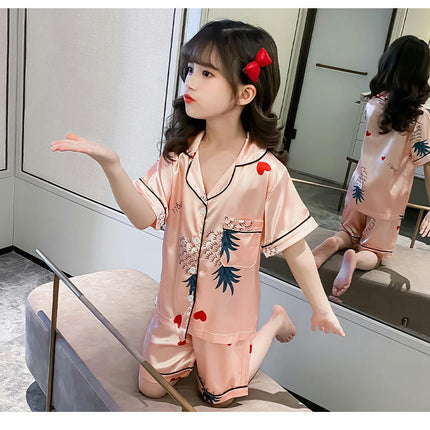 Girls Womens Pajamas, Imitation Silky Pjs Set Kids 2Pcs Button-Down Nightwear