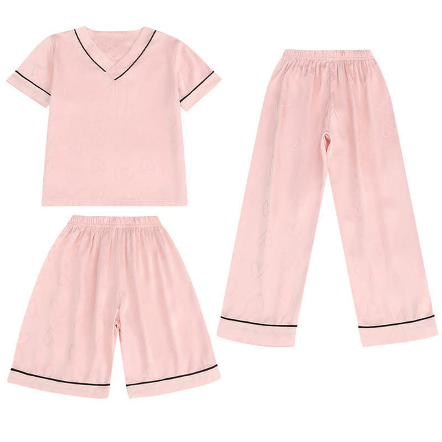 Girls Summer Pajamas 3-piece Set - Medium and Large Children's Imitation Ice Silk Home Clothes Set