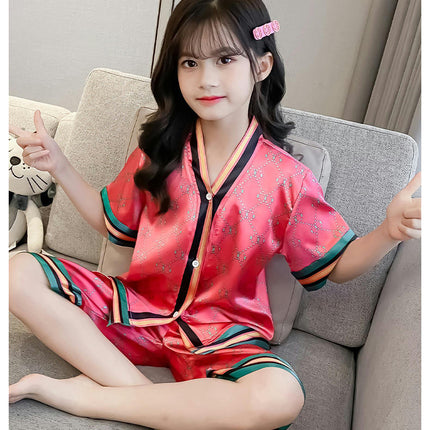 Children's Pajamas 2-piece Set - Button Short Sleeve Top Shorts Air Conditioning Suit