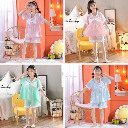 Children's Girls Pajamas Nightdress-Summer Thin Short Sleeve Cute Home Clothes Set