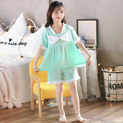 Children's Girls Pajamas Nightdress-Summer Thin Short Sleeve Cute Home Clothes Set