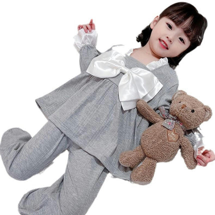 Children's Pajamas Girls Spring and Autumn Bowknot Long Sleeve Thin Set