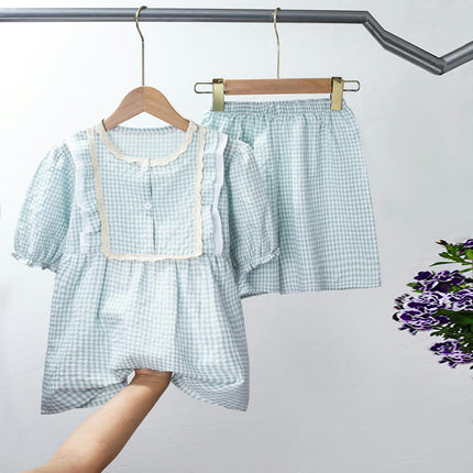 Girls Summer Home Clothes Plaid Children's Pajamas Short Sleeve Shorts 2-piece Set