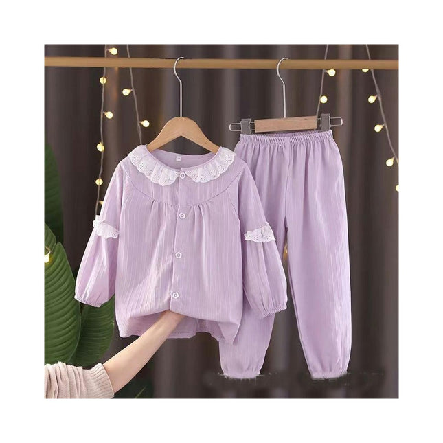 Girls Spring Home Clothes Set - Cotton Cute Princess Clothes Long Sleeve Lace Ruffle Pajamas