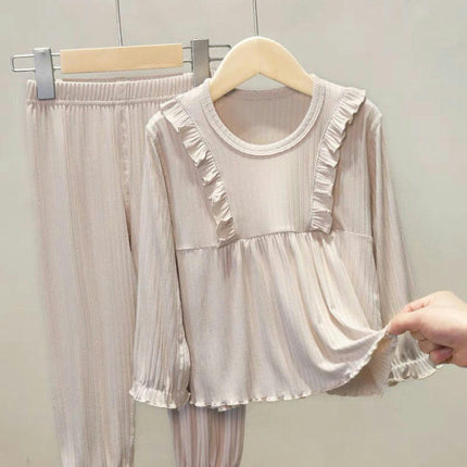 Girls' Soft and Comfortable Imitation Ice Silk Round Neck Wrinkles Pajamas 2 -Piece Set