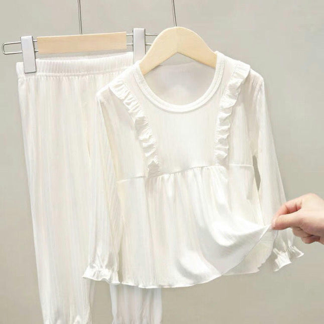 Girls' Soft and Comfortable Imitation Ice Silk Round Neck Wrinkles Pajamas 2 -Piece Set
