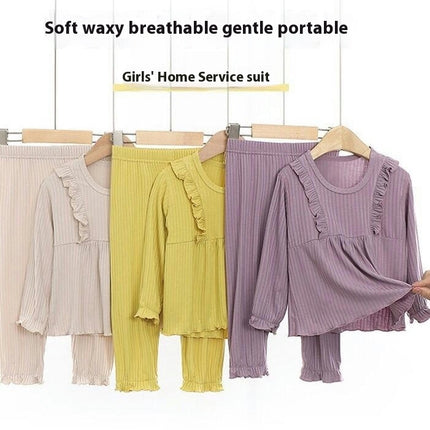 Girls' Soft and Comfortable Imitation Ice Silk Round Neck Wrinkles Pajamas 2 -Piece Set