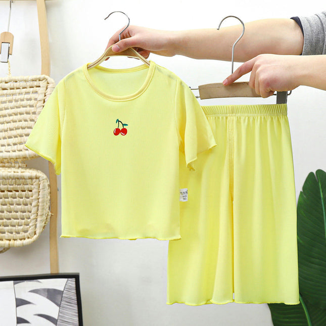 Girls Imitation Ice Silk Pajamas 2-piece Set-Short-sleeved House Clothes for Small and Medium-sized Children