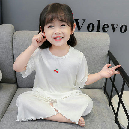 Girls Short Sleeve Pajamas 2-piece Set - Imitation Ice Silk Thin House Clothes for Small and Medium-sized Children