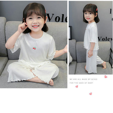 Girls Short Sleeve Pajamas 2-piece Set - Imitation Ice Silk Thin House Clothes for Small and Medium-sized Children
