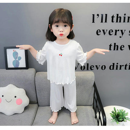 Girls Short Sleeve Pajamas 2-piece Set - Imitation Ice Silk Thin House Clothes for Small and Medium-sized Children