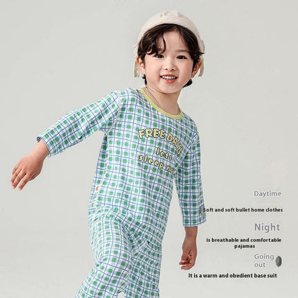 Children's Home Clothes Letter Plaid Air Conditioning Clothes 3/4 Sleeve Children's Pajamas Set