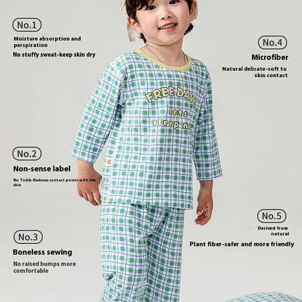 Children's Home Clothes Letter Plaid Air Conditioning Clothes 3/4 Sleeve Children's Pajamas Set