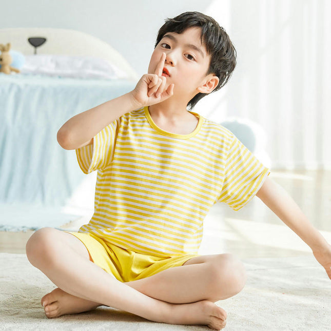 Boys' Pajamas and Home Clothes Set - Striped Short-sleeved Shorts Set for Small and Medium-sized Children