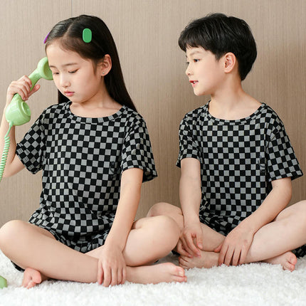 Children's Short Sleeve Pajama Set - Summer Boys and Girls Plaid Short Sleeve Shorts 2-Piece Set