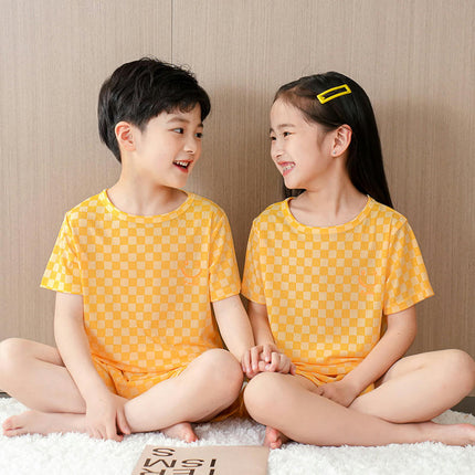 Children's Short Sleeve Pajama Set - Summer Boys and Girls Plaid Short Sleeve Shorts 2-Piece Set