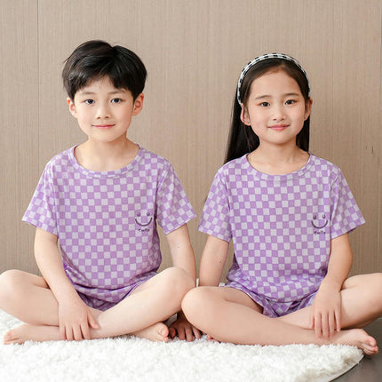 Children's Short Sleeve Pajama Set - Summer Boys and Girls Plaid Short Sleeve Shorts 2-Piece Set