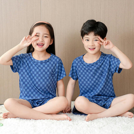 Children's Short Sleeve Pajama Set - Summer Boys and Girls Plaid Short Sleeve Shorts 2-Piece Set