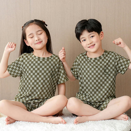 Children's Short Sleeve Pajama Set - Summer Boys and Girls Plaid Short Sleeve Shorts 2-Piece Set
