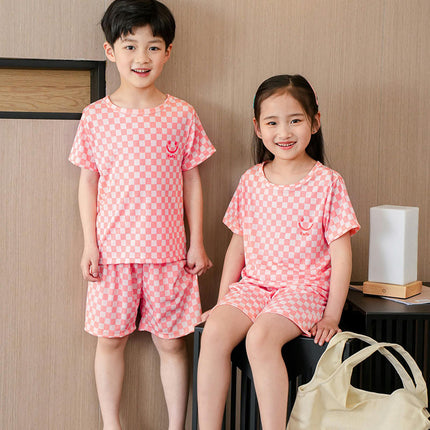 Children's Short Sleeve Pajama Set - Summer Boys and Girls Plaid Short Sleeve Shorts 2-Piece Set