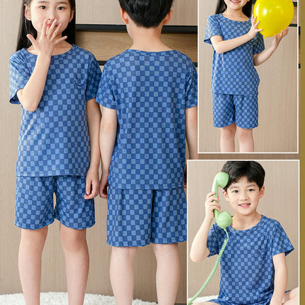 Children's Short Sleeve Pajama Set - Summer Boys and Girls Plaid Short Sleeve Shorts 2-Piece Set