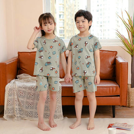 Boys and Girls Pajamas 2-piece Set Summer Pure Cotton Short-Sleeved Shorts Home Wear Set