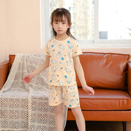Boys and Girls Pajamas 2-piece Set Summer Pure Cotton Short-Sleeved Shorts Home Wear Set
