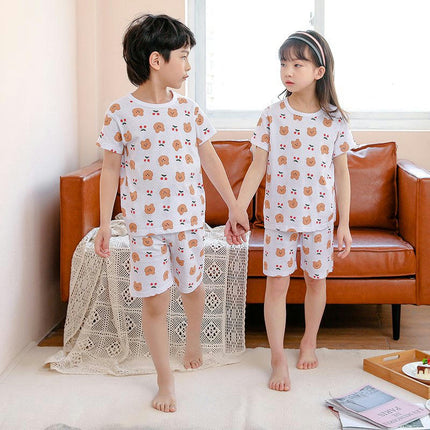 Boys and Girls Pajamas 2-piece Set Summer Pure Cotton Short-Sleeved Shorts Home Wear Set
