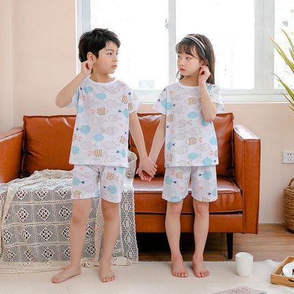 Boys and Girls Pajamas 2-piece Set Summer Pure Cotton Short-Sleeved Shorts Home Wear Set