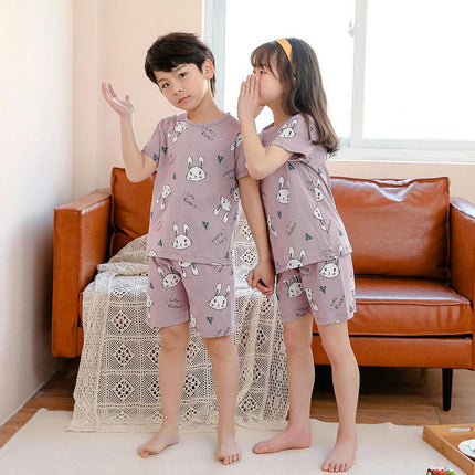 Boys and Girls Pajamas 2-piece Set Summer Pure Cotton Short-Sleeved Shorts Home Wear Set