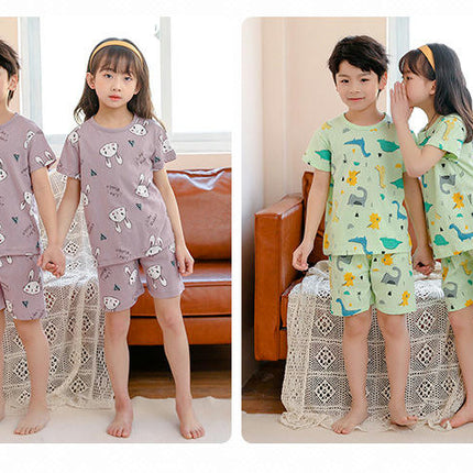 Boys and Girls Pajamas 2-piece Set Summer Pure Cotton Short-Sleeved Shorts Home Wear Set