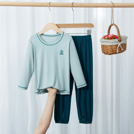 Solid Color Pajama Set for Boys and Girls - Long-Sleeved Top and Long Pants 2-Piece Set
