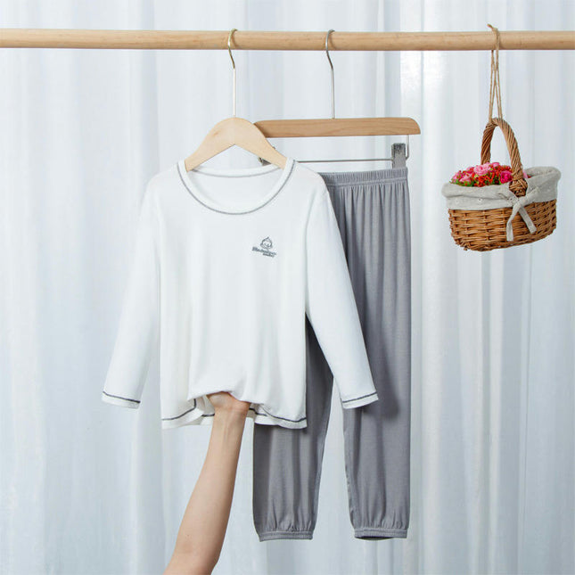 Solid Color Pajama Set for Boys and Girls - Long-Sleeved Top and Long Pants 2-Piece Set