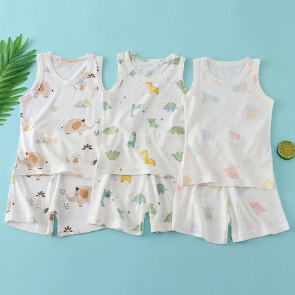 Unisex Cartoon Cotton Sleeveless Boys Girls T-Shirt and Shorts Comfortable Clothing Set