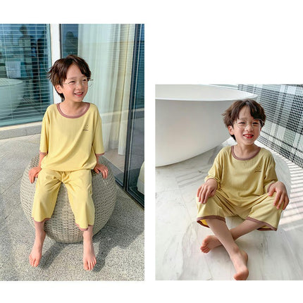 Boys Solid Color Pajamas 2-piece Set-Medium and Large Children's Short-Sleeved Home Clothes
