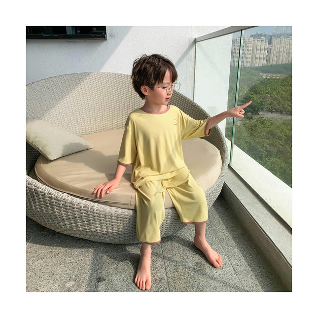 Boys Solid Color Pajamas 2-piece Set-Medium and Large Children's Short-Sleeved Home Clothes