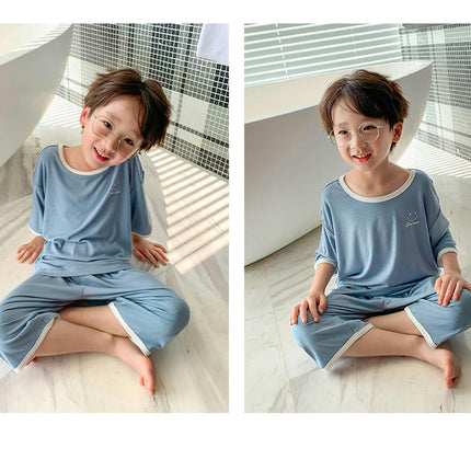 Boys Solid Color Pajamas 2-piece Set-Medium and Large Children's Short-Sleeved Home Clothes