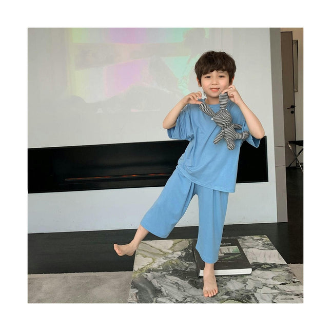 Boys' Pajamas for Middle and Large Children Casual Short Sleeve Imitation Ice Silk Home Clothes Set