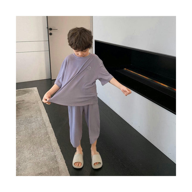 Boys' Pajamas for Middle and Large Children Casual Short Sleeve Imitation Ice Silk Home Clothes Set