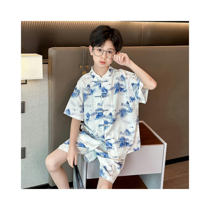 Boys' Pajamas 2-piece Set - Imitation Ice Silk Buttoned Short-sleeved Shorts Home Clothes Set